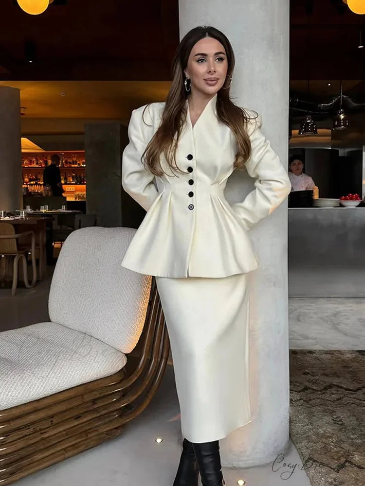 White V-neck Pleated A-line Coat coats-241228