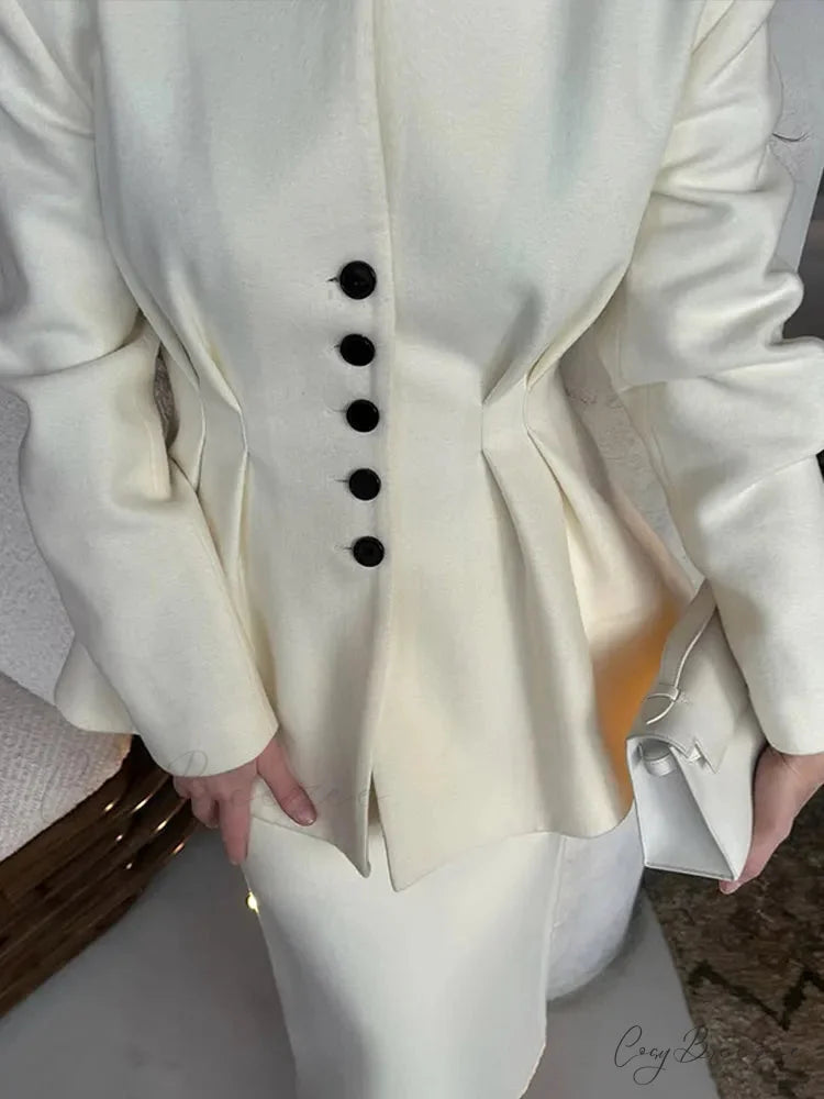 White V-neck Pleated A-line Coat coats-241228