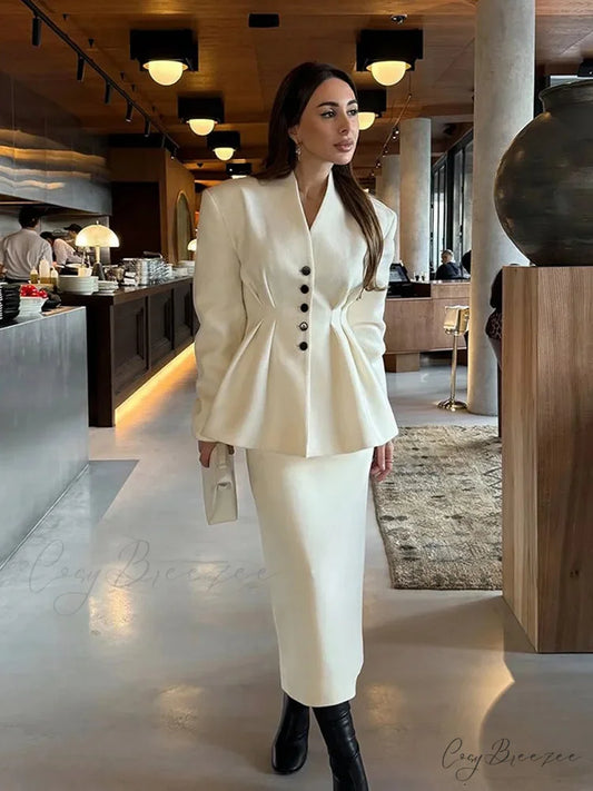 White V-neck Pleated A-line Coat coats-241228