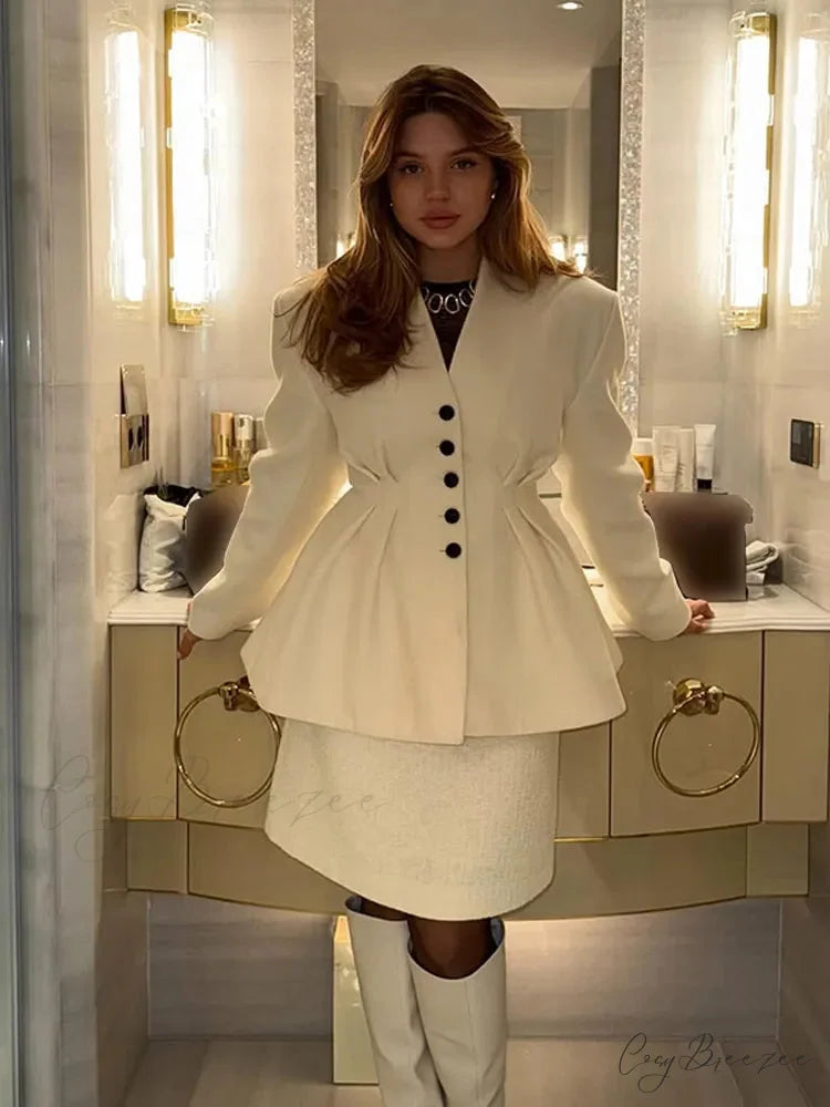 White V-neck Pleated A-line Coat rice white / S coats-241228
