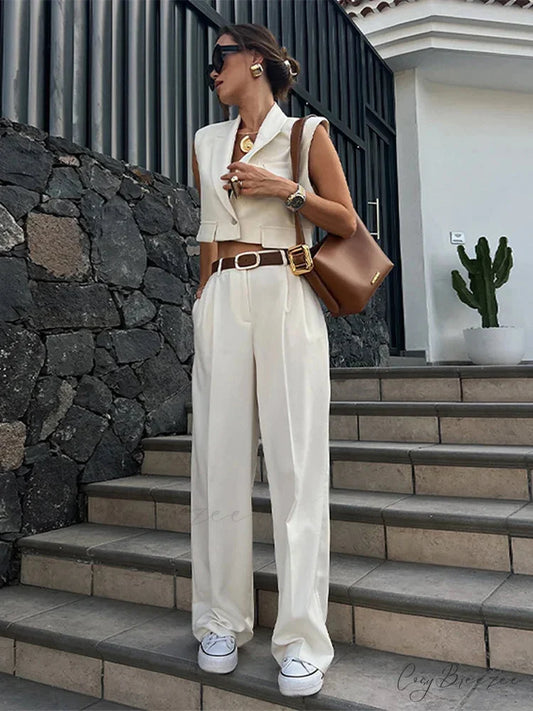 White V-neck Sleeveless Wide Leg Office Set white tops / XS officetwopieceset-250223
