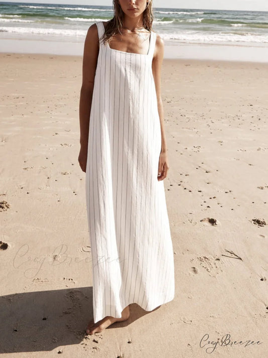 White With Charcoal Charming Pinstripe Maxi Dress White / S