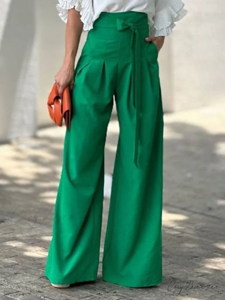 White Women’s Color Pants Half Solid Arm Blouse Ruffle Set