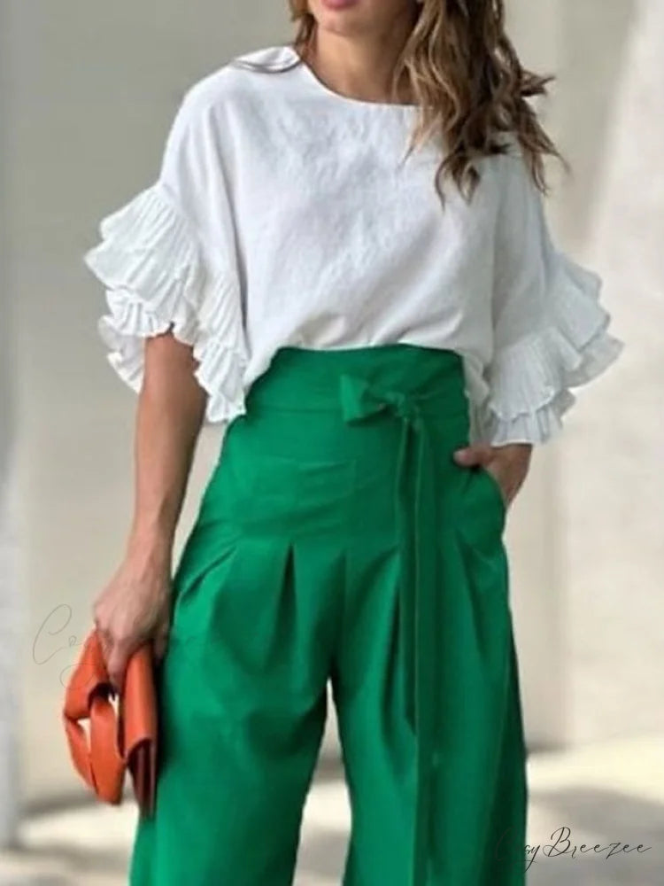 White Women’s Color Pants Half Solid Arm Blouse Ruffle Set