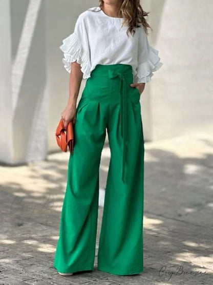 White Women’s Color Pants Half Solid Arm Blouse Ruffle Set White / S
