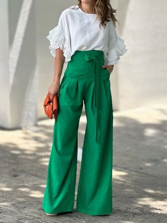 White Women’s Color Pants Half Solid Arm Blouse Ruffle Set White / S