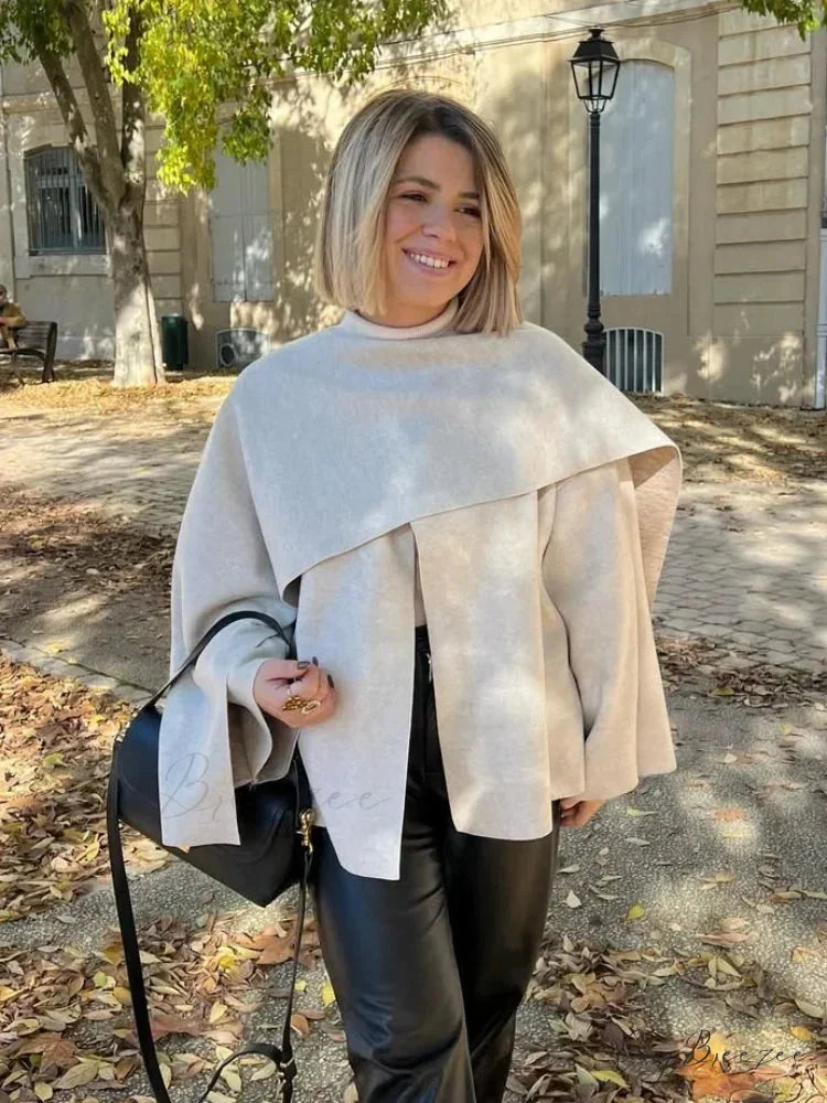 White Woolen Coat with Scarf Collar beige / S coats-241228