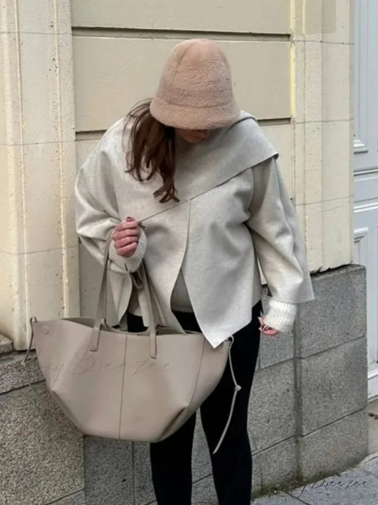 White Woolen Coat with Scarf Collar coats-241228