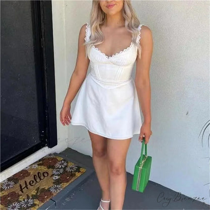 White Woven Lace Mini Gown minidress-250223