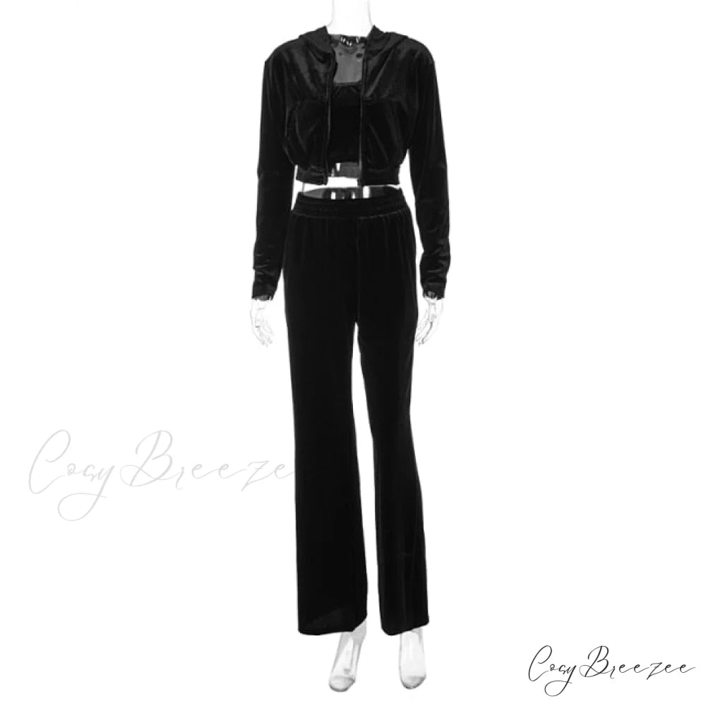 Wide 3 Pants Set High Waist Hoodie Casual Top Sweatshirt Crop Zipper Piece Tracksuit Leg Women Velvet Outfit Black / S