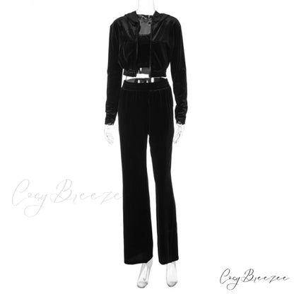 Wide 3 Pants Set High Waist Hoodie Casual Top Sweatshirt Crop Zipper Piece Tracksuit Leg Women Velvet Outfit Black / S