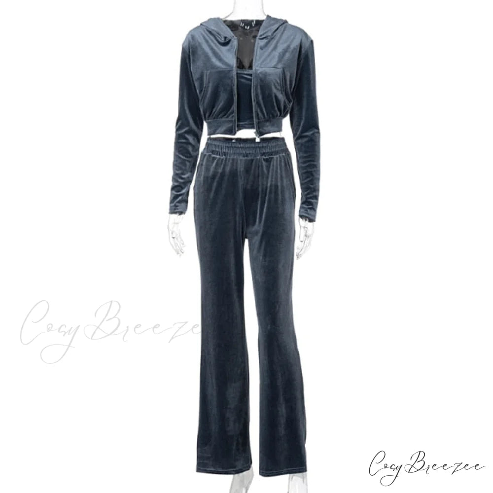 Wide 3 Pants Set High Waist Hoodie Casual Top Sweatshirt Crop Zipper Piece Tracksuit Leg Women Velvet Outfit Blue / S