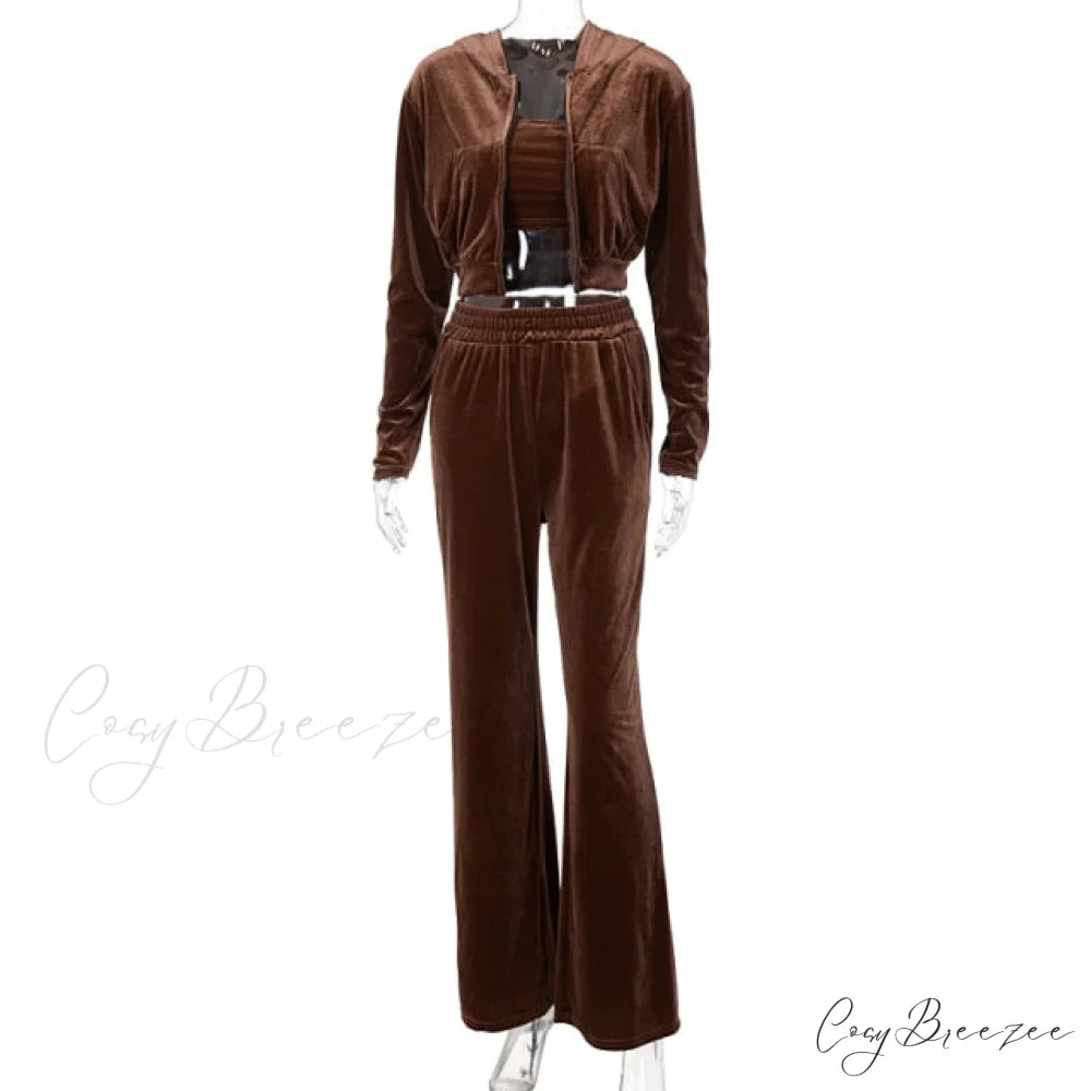 Wide 3 Pants Set High Waist Hoodie Casual Top Sweatshirt Crop Zipper Piece Tracksuit Leg Women Velvet Outfit Brown / S