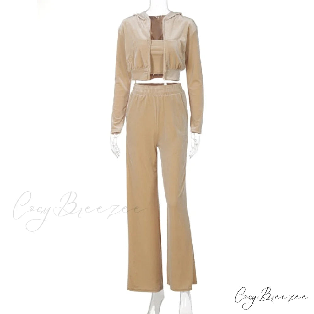 Wide 3 Pants Set High Waist Hoodie Casual Top Sweatshirt Crop Zipper Piece Tracksuit Leg Women Velvet Outfit Champagne