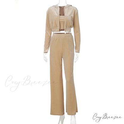 Wide 3 Pants Set High Waist Hoodie Casual Top Sweatshirt Crop Zipper Piece Tracksuit Leg Women Velvet Outfit Champagne