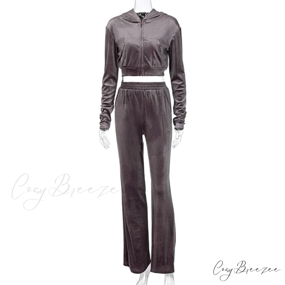 Wide 3 Pants Set High Waist Hoodie Casual Top Sweatshirt Crop Zipper Piece Tracksuit Leg Women Velvet Outfit Coffee / S