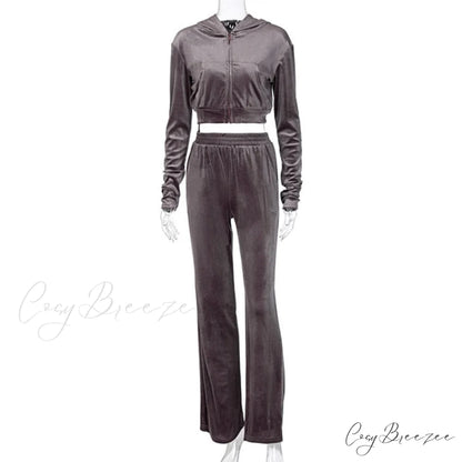 Wide 3 Pants Set High Waist Hoodie Casual Top Sweatshirt Crop Zipper Piece Tracksuit Leg Women Velvet Outfit Coffee / S