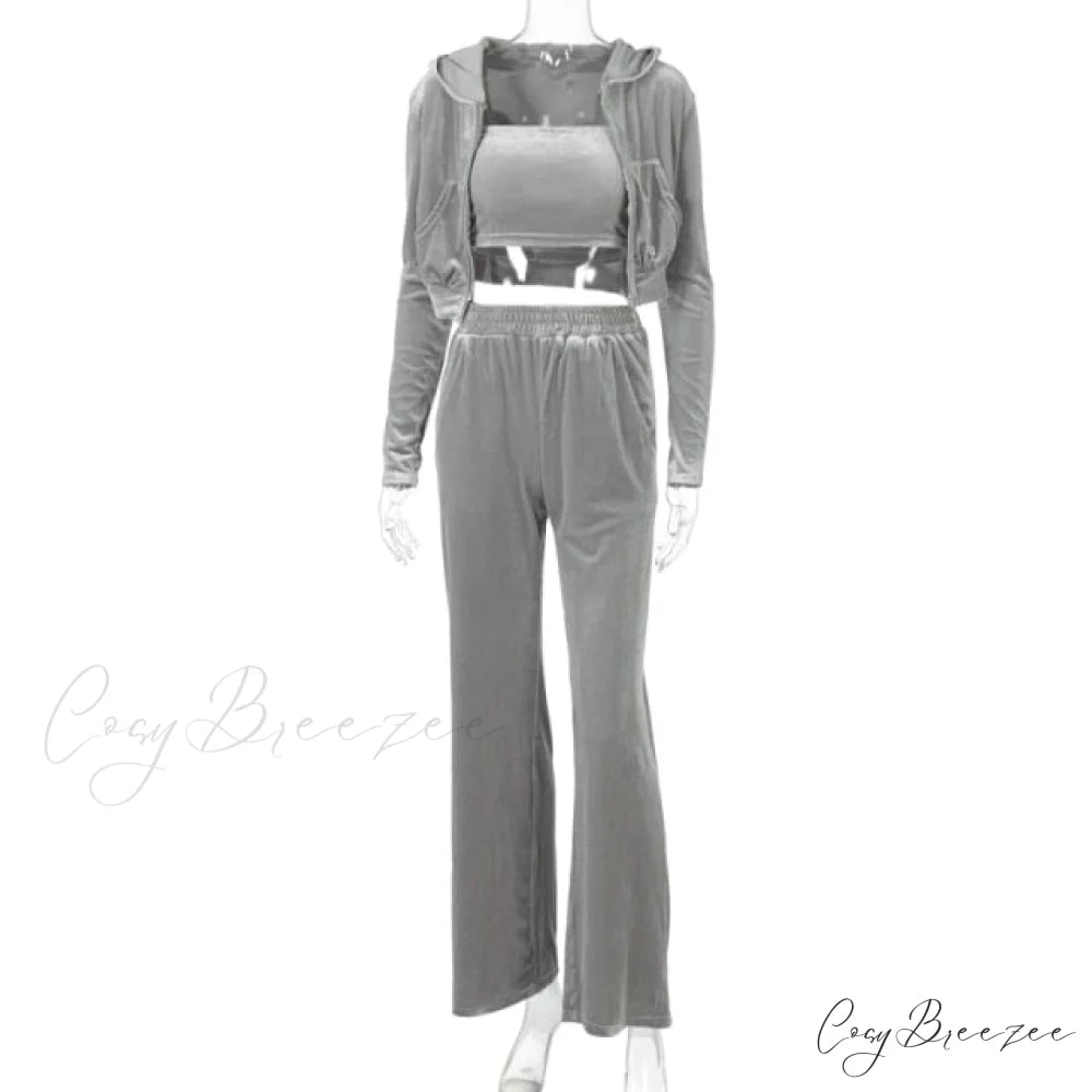 Wide 3 Pants Set High Waist Hoodie Casual Top Sweatshirt Crop Zipper Piece Tracksuit Leg Women Velvet Outfit Gray / S