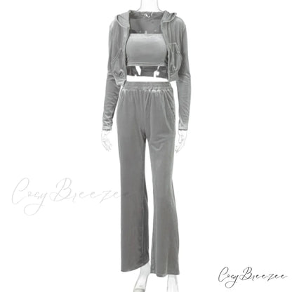 Wide 3 Pants Set High Waist Hoodie Casual Top Sweatshirt Crop Zipper Piece Tracksuit Leg Women Velvet Outfit Gray / S