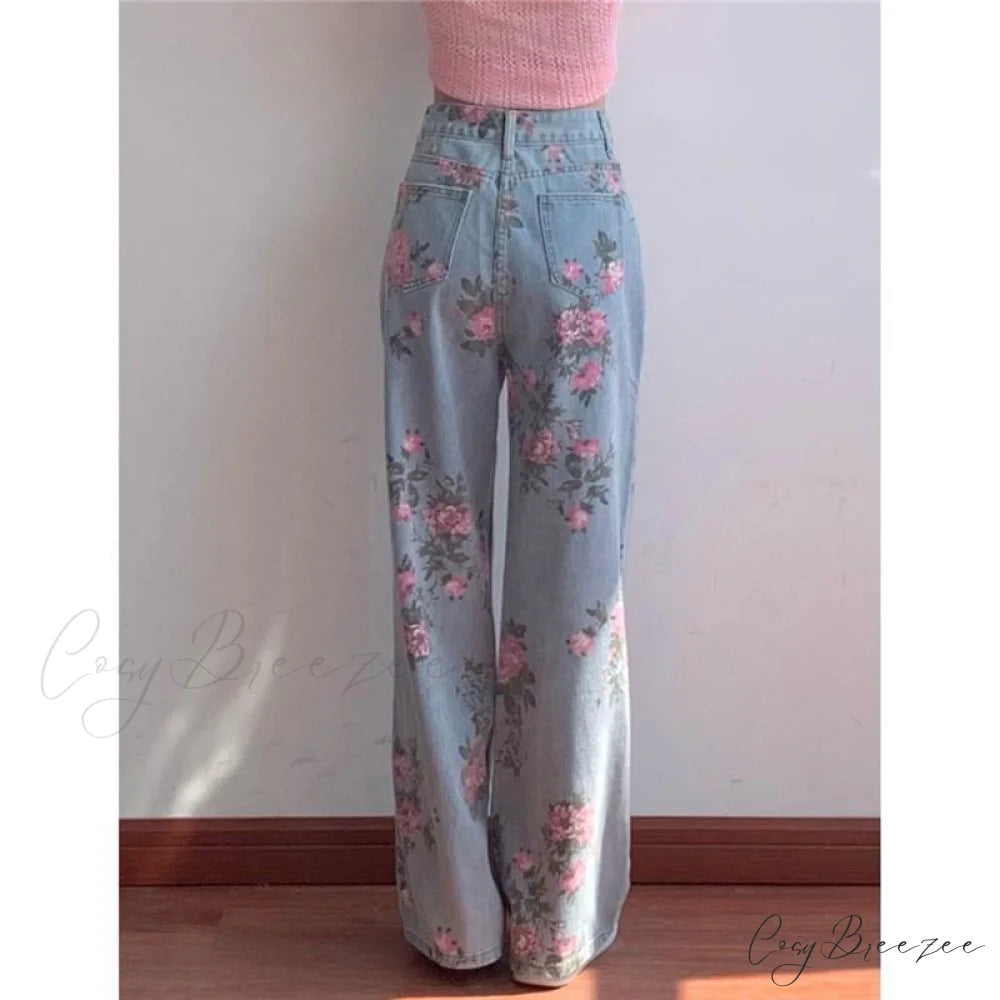 Wide High Waist Flowered Leg Jeans