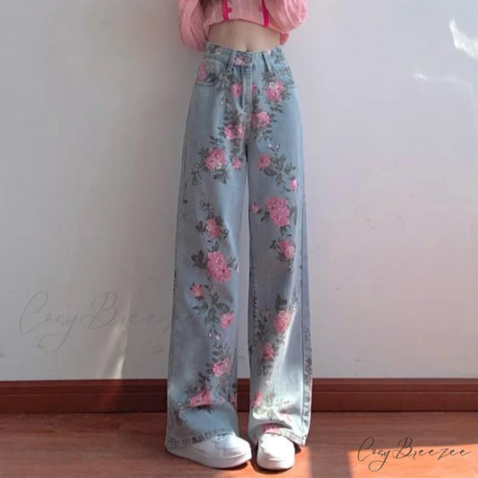 Wide High Waist Flowered Leg Jeans Rose / S(40-47.5kg)