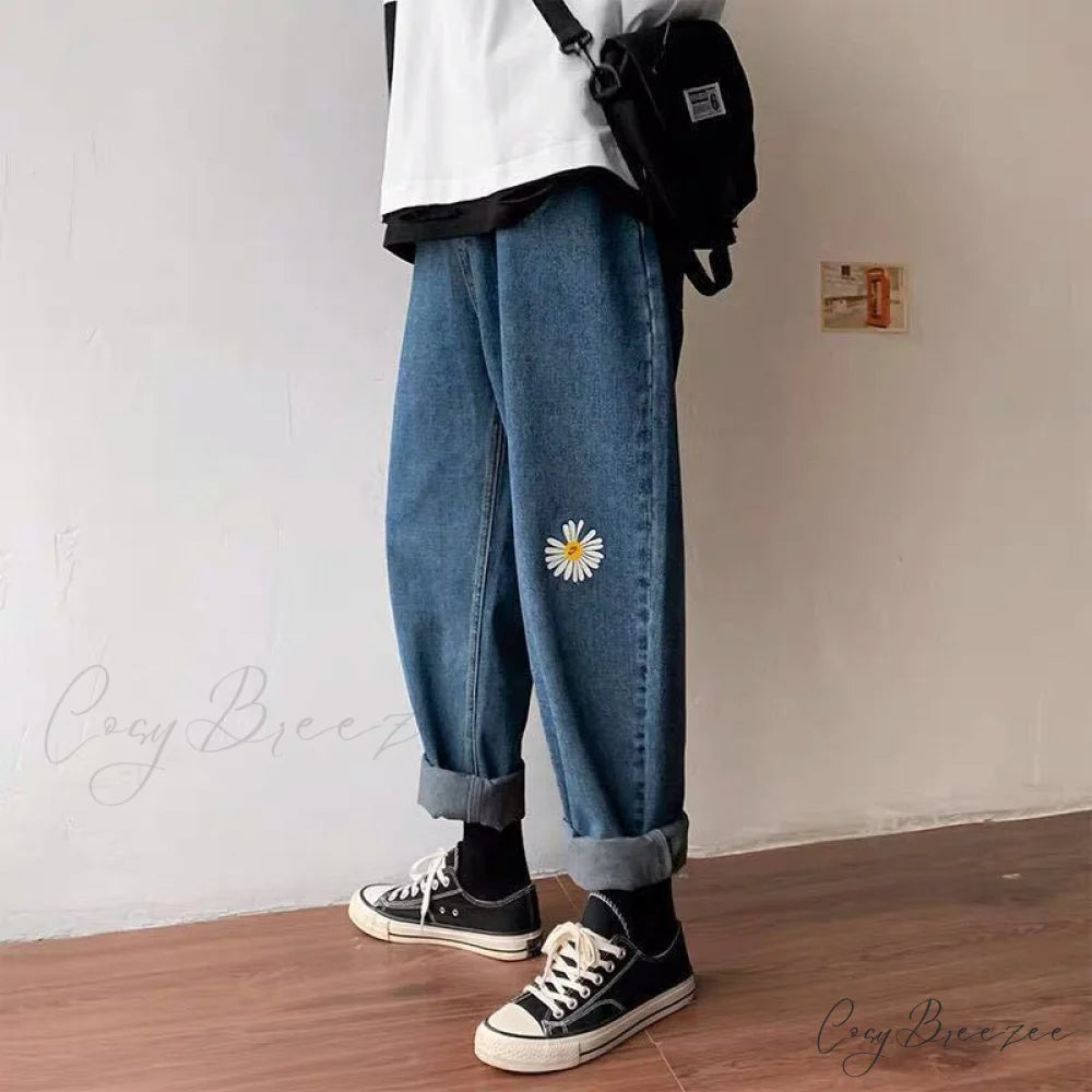 Wide-leg Daisy Women Loose High Waist Jeans Pants Trousers Denim Straight Korean S-5XL Blue / S