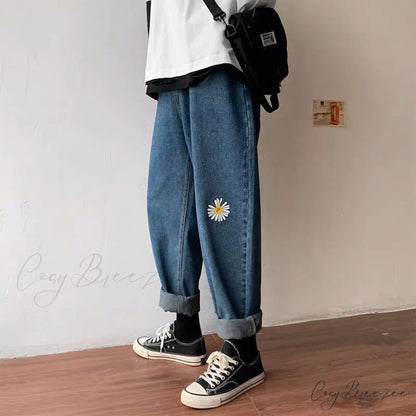 Wide-leg Daisy Women Loose High Waist Jeans Pants Trousers Denim Straight Korean S-5XL Blue / S