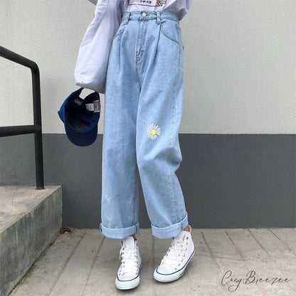 Wide-leg Daisy Women Loose High Waist Jeans Pants Trousers Denim Straight Korean S-5XL Sky Blue / S