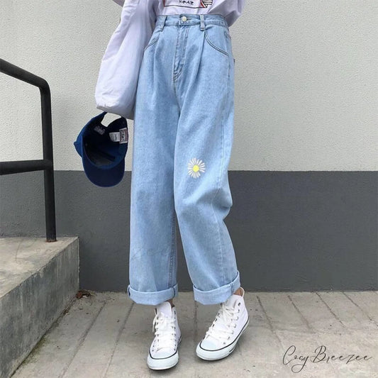 Wide-leg Daisy Women Loose High Waist Jeans Pants Trousers Denim Straight Korean S-5XL Sky Blue / S