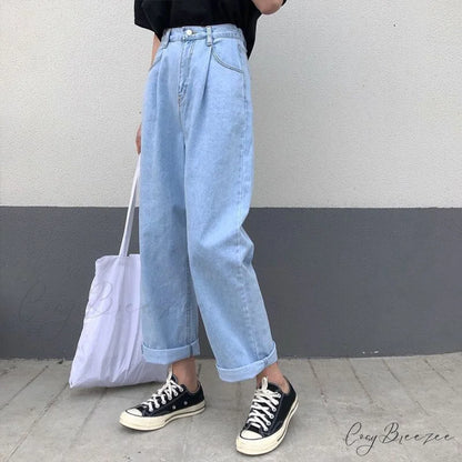 Wide-leg Daisy Women Loose High Waist Jeans Pants Trousers Denim Straight Korean S-5XL Solid Blue / S
