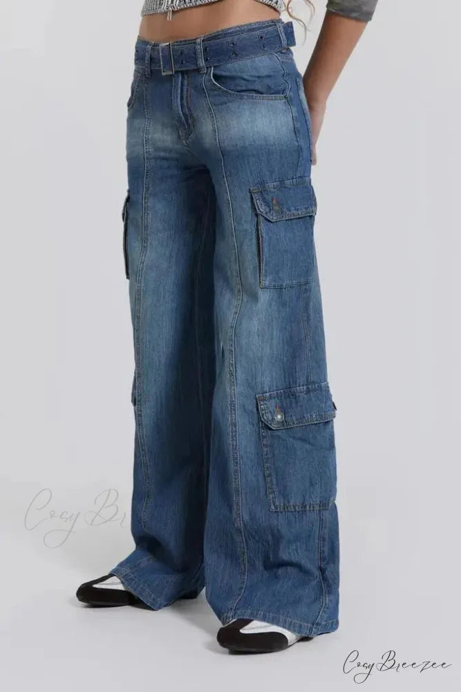 Wide Leg High Waist Patchwork Baggy Cargo Streetwear Y2k Vintage Denim Jean Stylish Loose High Waist Solid Color Casual