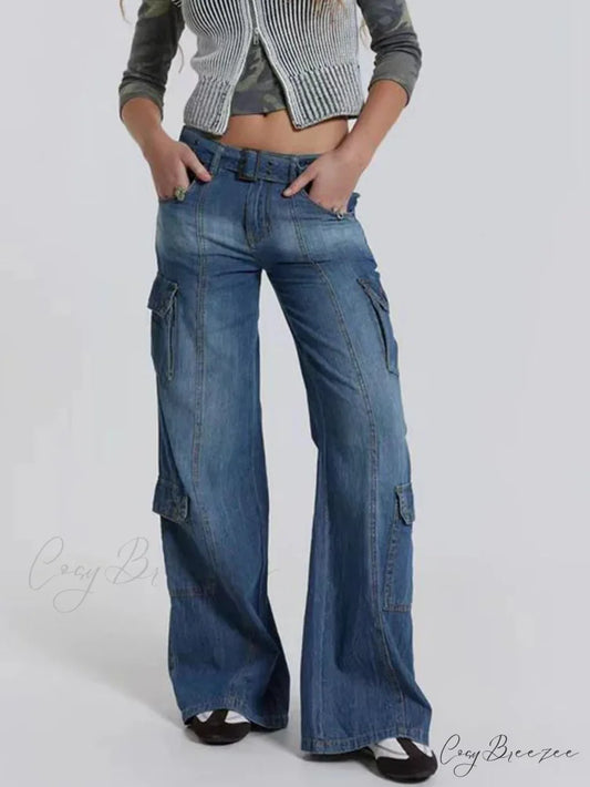 Wide Leg High Waist Patchwork Baggy Cargo Streetwear Y2k Vintage Denim Jean Stylish Loose High Waist Solid Color Casual
