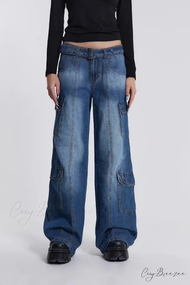 Wide Leg High Waist Patchwork Baggy Cargo Streetwear Y2k Vintage Denim Jean Stylish Loose High Waist Solid Color Casual