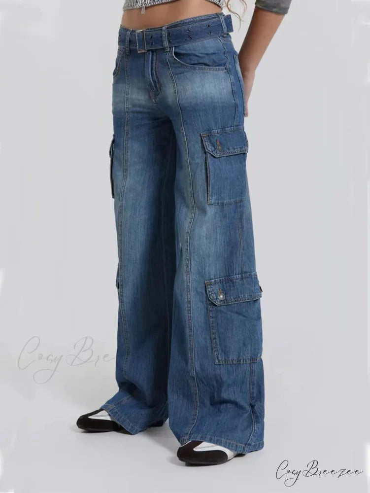 Wide Leg High Waist Patchwork Baggy Cargo Streetwear Y2k Vintage Denim Jean Stylish Loose High Waist Solid Color Casual