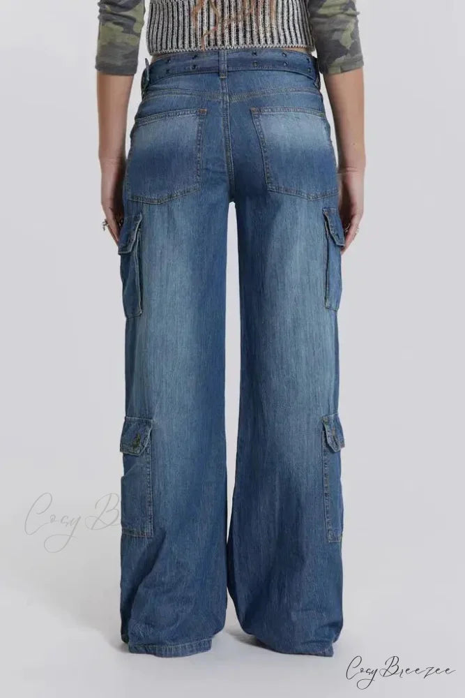 Wide Leg High Waist Patchwork Baggy Cargo Streetwear Y2k Vintage Denim Jean Stylish Loose High Waist Solid Color Casual