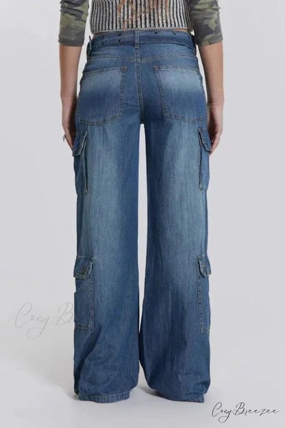 Wide Leg High Waist Patchwork Baggy Cargo Streetwear Y2k Vintage Denim Jean Stylish Loose High Waist Solid Color Casual