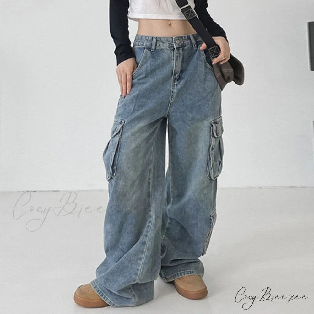 Wide Leg High Waist Straight Trousers Overalls Blue / S