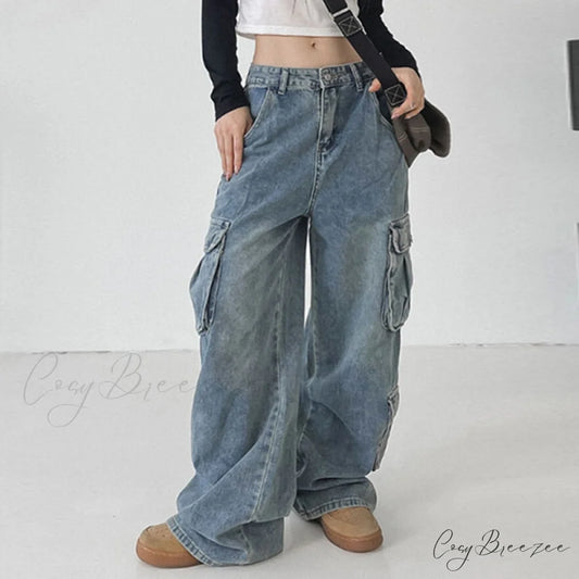 Wide Leg High Waist Straight Trousers Overalls Blue / S