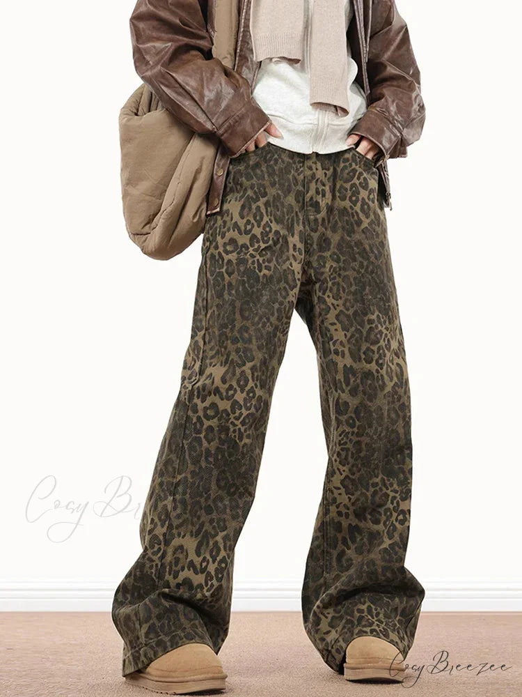 Wide Leg Leopard Print Women 2024 Y2K High Waisted Fashion Streetwear Retro Denim Baggy Casual Straight Jean