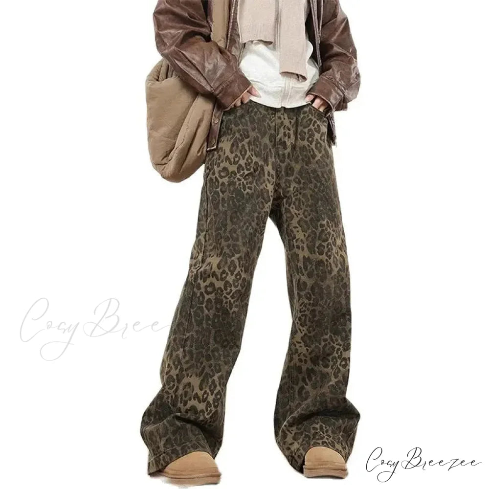 Wide Leg Leopard Print Women 2024 Y2K High Waisted Fashion Streetwear Retro Denim Baggy Casual Straight Jean Leopard / S