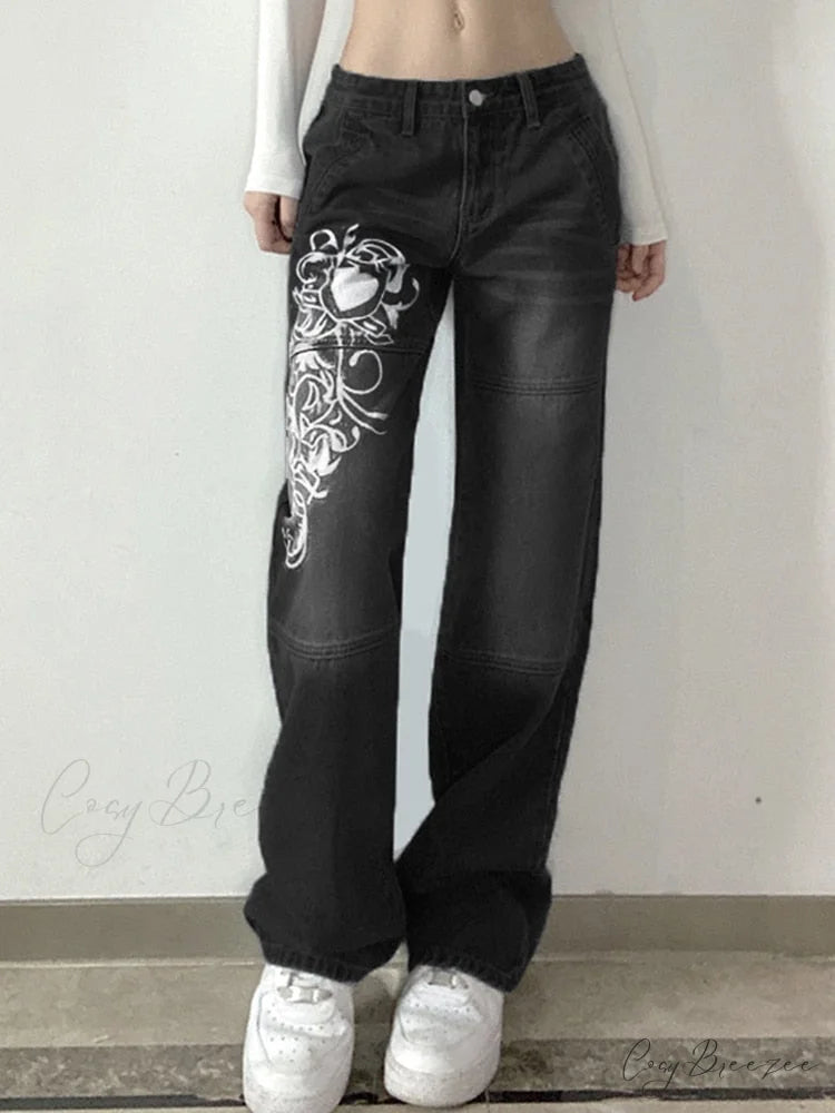 Wide Leg Oversize Y2K Patterned Baggy Winter Cargo Casual Jeans Low Autumn Waist Women’s Trousers