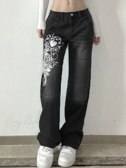 Wide Leg Oversize Y2K Patterned Baggy Winter Cargo Casual Jeans Low Autumn Waist Women’s Trousers