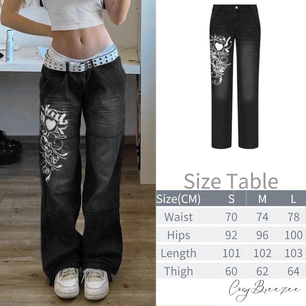 Wide Leg Oversize Y2K Patterned Baggy Winter Cargo Casual Jeans Low Autumn Waist Women’s Trousers Black-02 / S