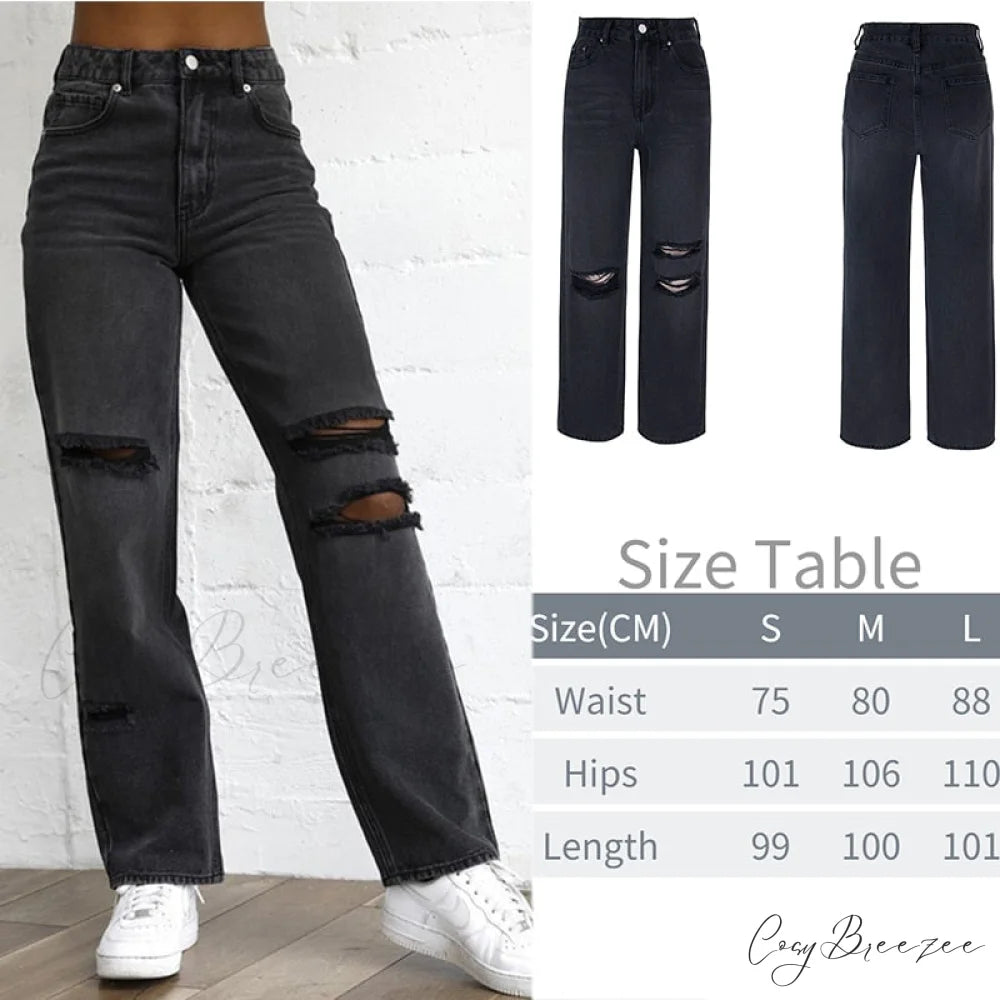 Wide Leg Oversize Y2K Patterned Baggy Winter Cargo Casual Jeans Low Autumn Waist Women’s Trousers Black / S