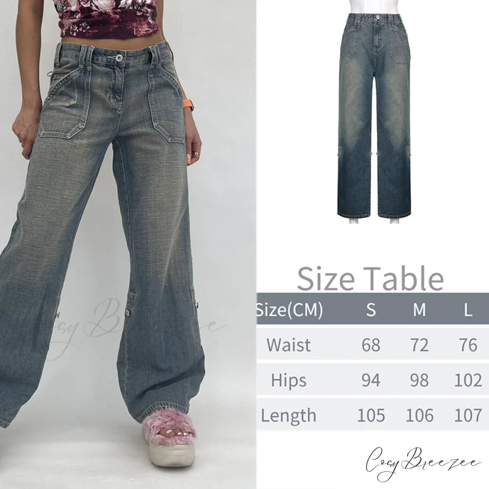 Wide Leg Oversize Y2K Patterned Baggy Winter Cargo Casual Jeans Low Autumn Waist Women’s Trousers Blue-03 / S