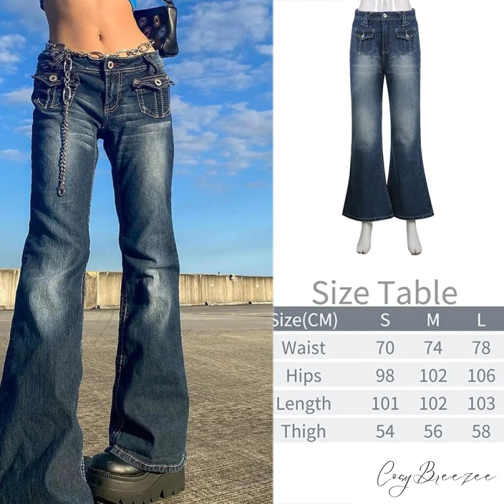 Wide Leg Oversize Y2K Patterned Baggy Winter Cargo Casual Jeans Low Autumn Waist Women’s Trousers Blue-04 / S