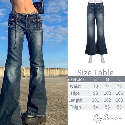 Wide Leg Oversize Y2K Patterned Baggy Winter Cargo Casual Jeans Low Autumn Waist Women’s Trousers Blue-04 / S