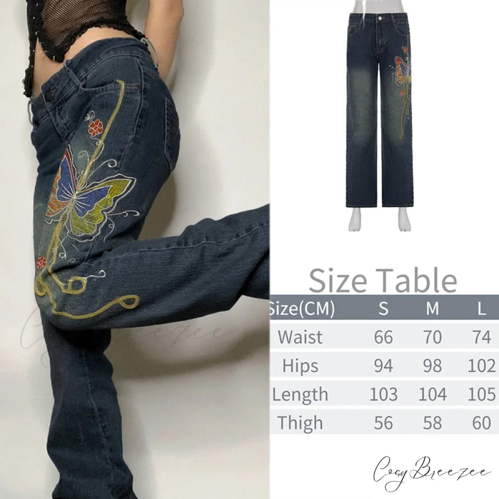 Wide Leg Oversize Y2K Patterned Baggy Winter Cargo Casual Jeans Low Autumn Waist Women’s Trousers Blue-05 / S