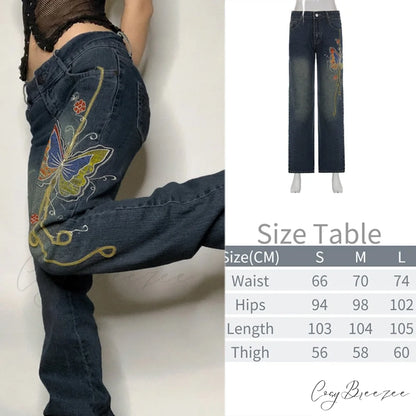 Wide Leg Oversize Y2K Patterned Baggy Winter Cargo Casual Jeans Low Autumn Waist Women’s Trousers Blue-05 / S
