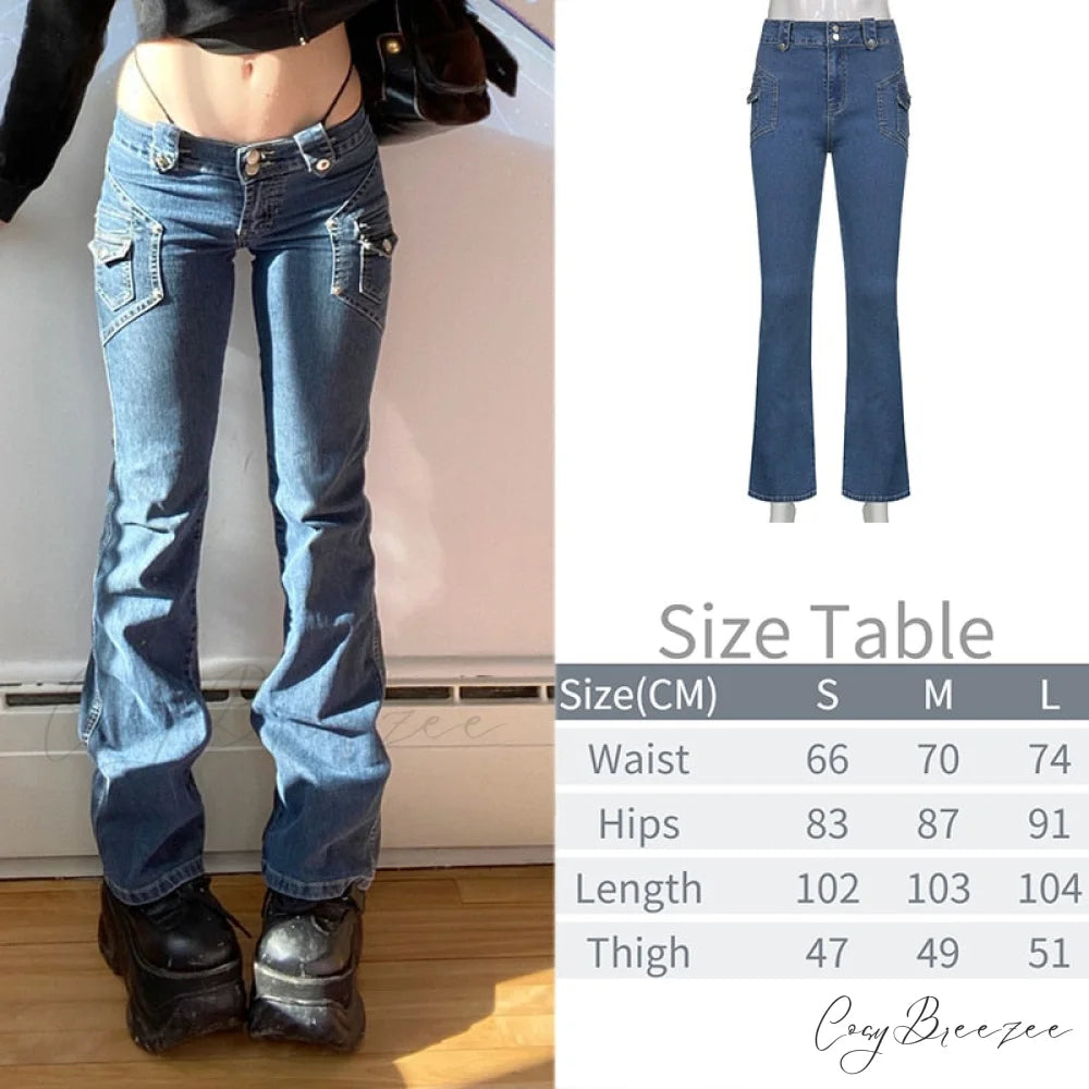 Wide Leg Oversize Y2K Patterned Baggy Winter Cargo Casual Jeans Low Autumn Waist Women’s Trousers Blue-06 / S